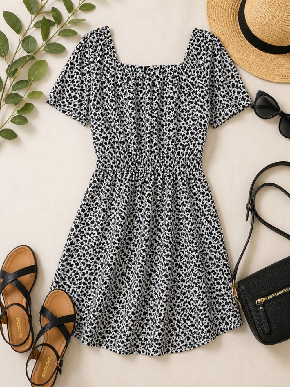 Monteau Los Angeles Black White Floral Mini Dress Square Neck Size M
